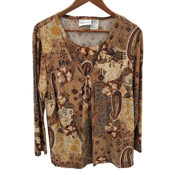 Fashion Bug Tops - Fashion Bug Womens Paisley Print Tie Front Long Sleeve‎ Blouse Sz 14-16 Brown